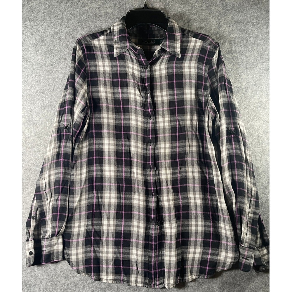 Ralph Lauren Plaid Button Down Shirt Purple Black White Roll Tab Sleeve